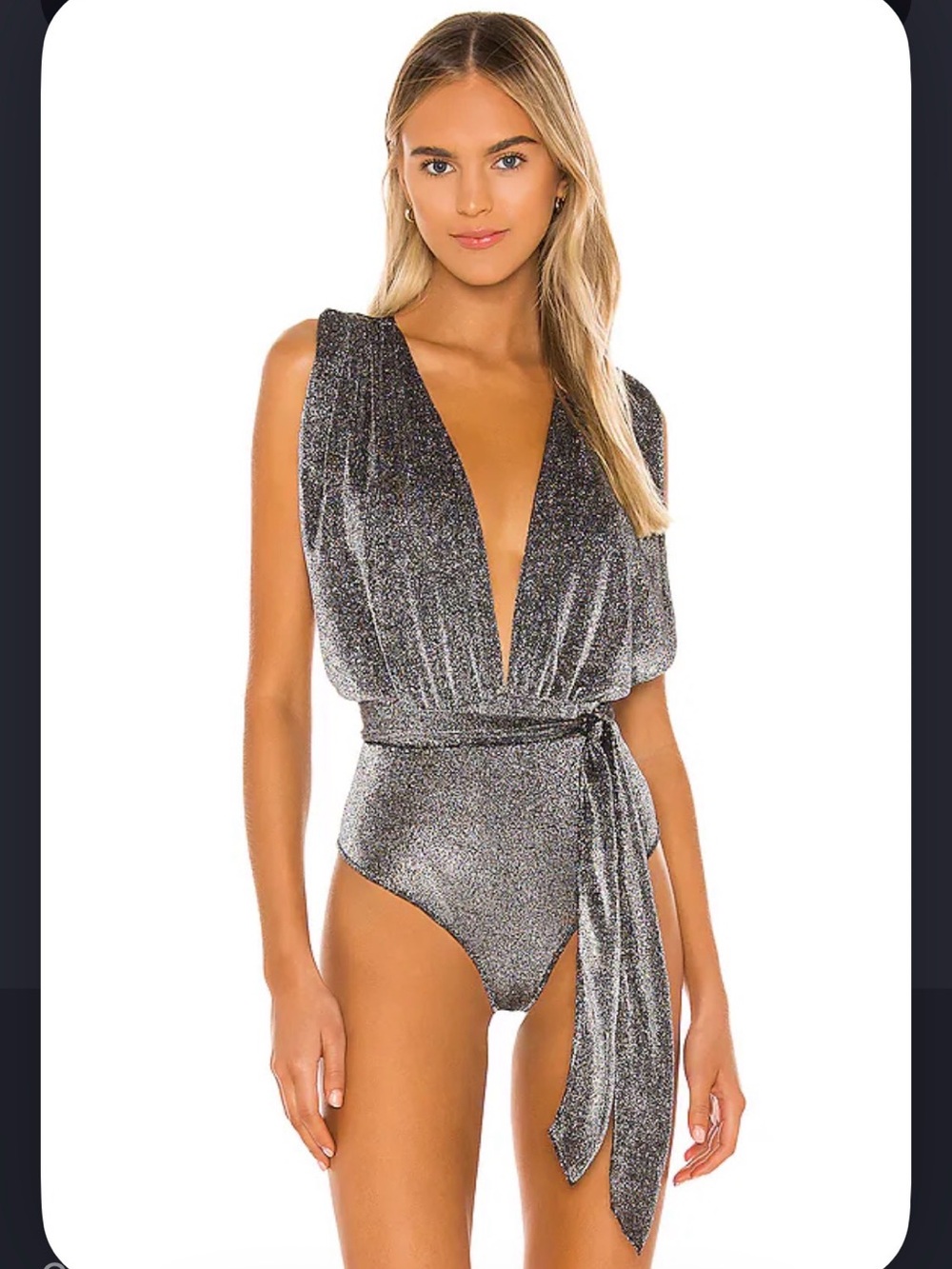 superdown priya cross back bodysuit in black metallic